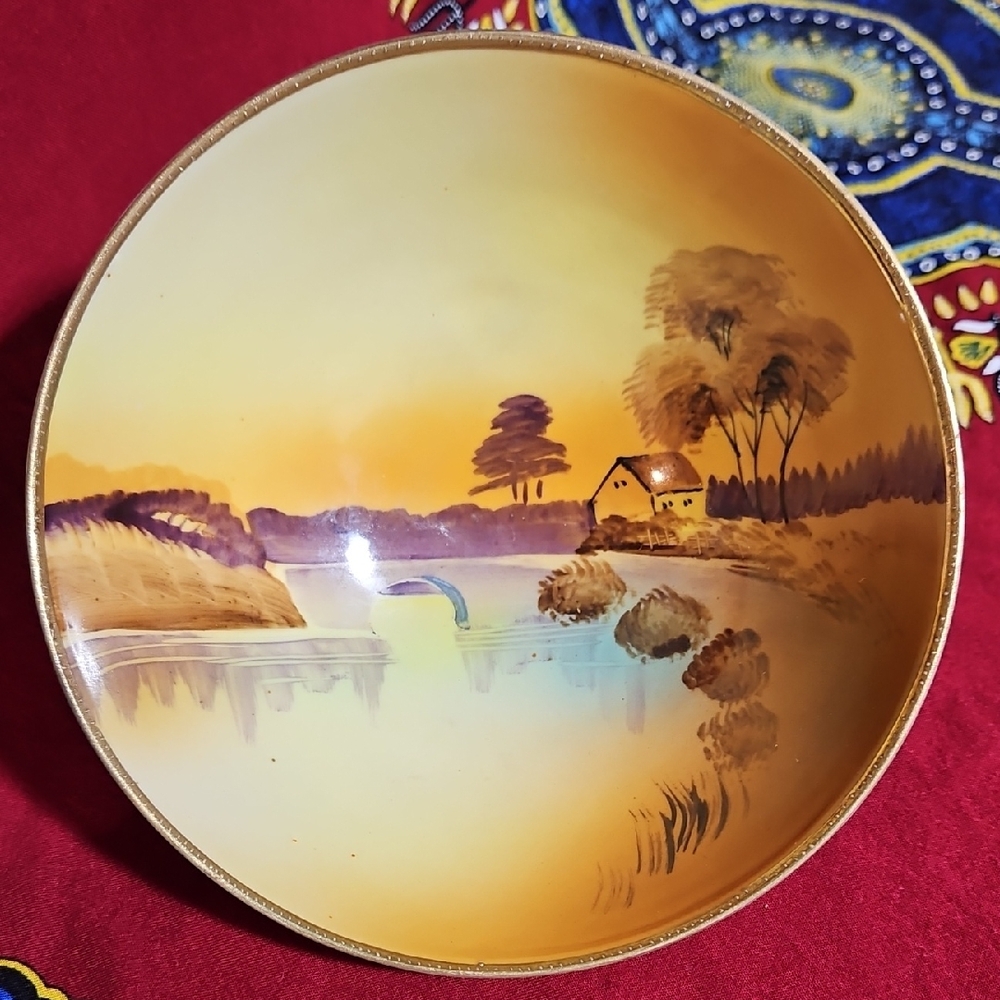 Antique Nippon Hand Painted 3-Footed Porcelain Bowl Scenic Landscape Gold Gilt